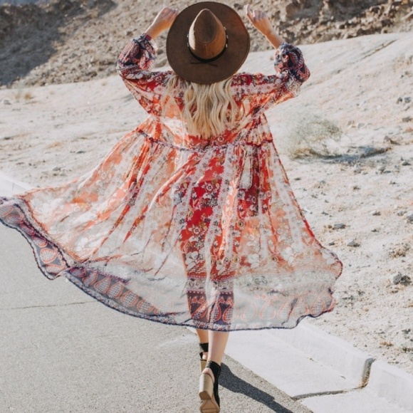 SummerChance Tops - IDYL Duster Floral Berry Red Maxi Sheer NWT HPx3